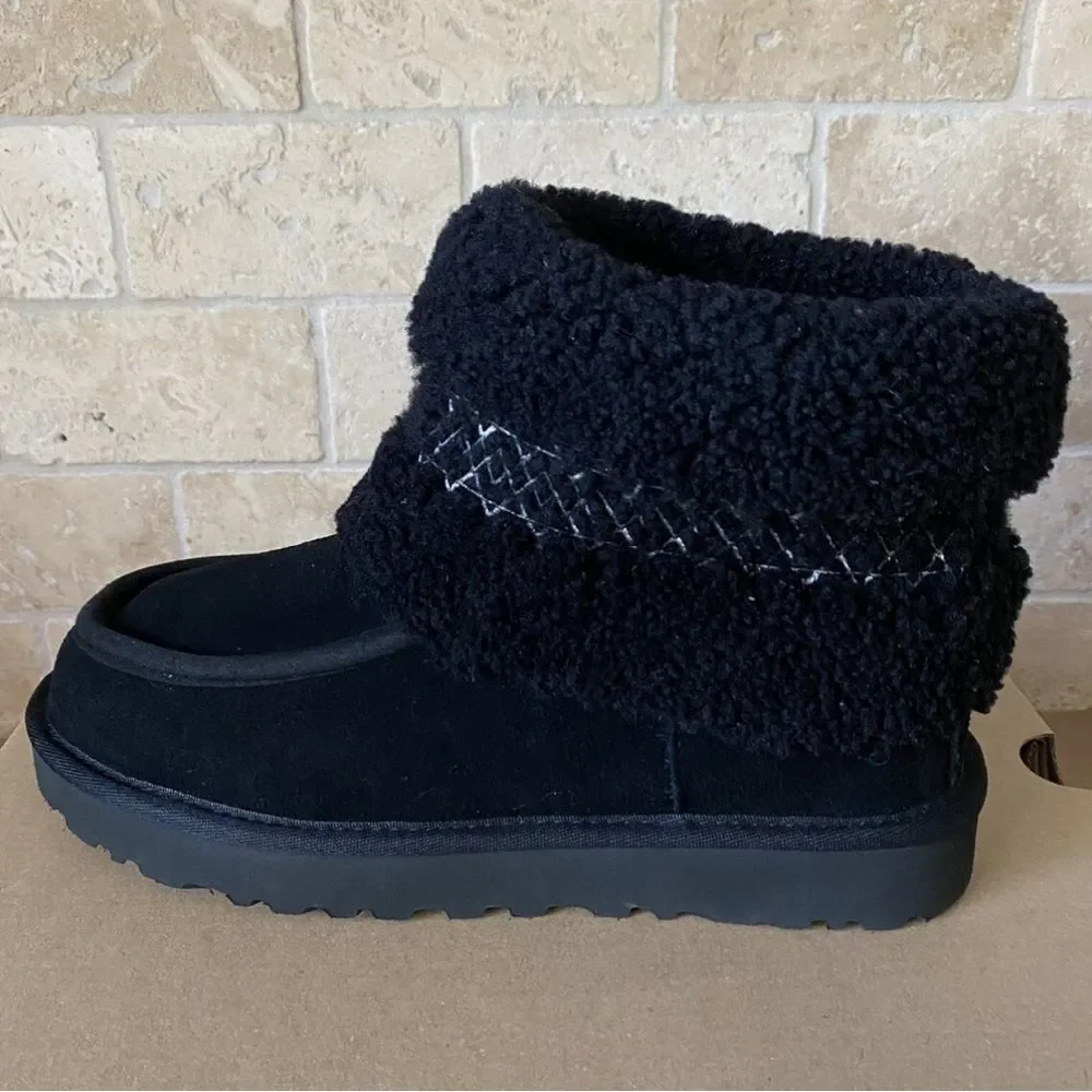 UGG BLACK MINI UGG BRAID SUEDE/ SHEEPSKIN WINTER BOOTS, WOMEN US 7/ EUR 38 NIB